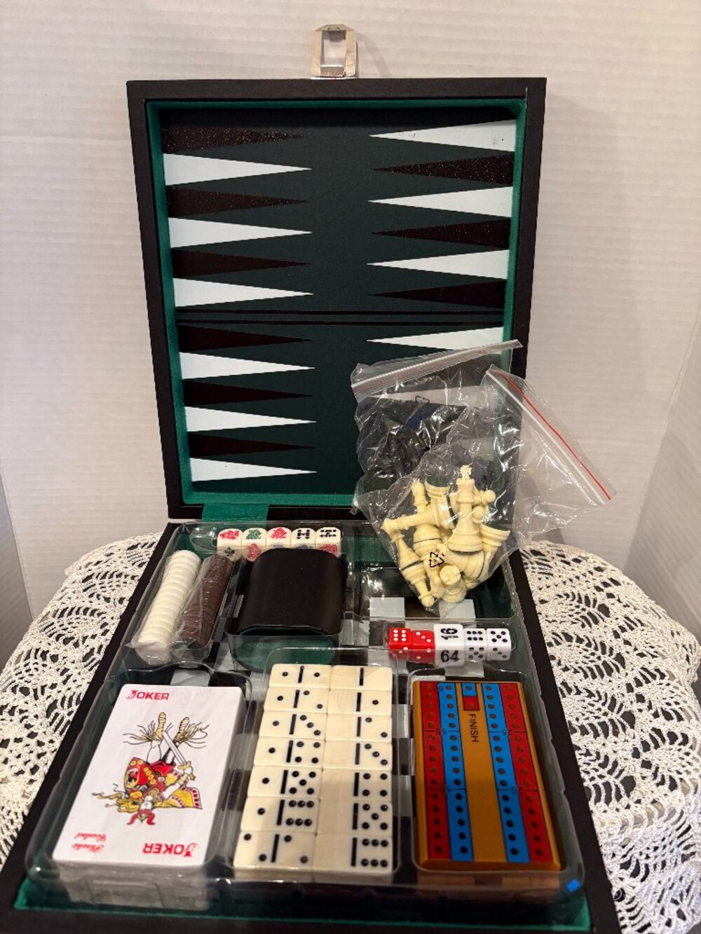 Deluxe Travel Game Set Backgammon Chess Checkers Dominoes Cards Cribbage Dice